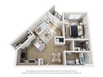 A 3D floor plan of a house with a kitchen, living room, and bathroom.