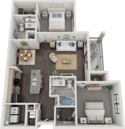 B2 Floorplan - 2 bed 2 bath 1157 sq ft