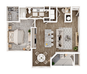 A top-down view of a well-organized apartment with a kitchen, living room, and bathroom.