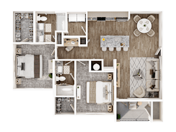 A detailed 3D floor plan of a house showing all rooms and their layouts.