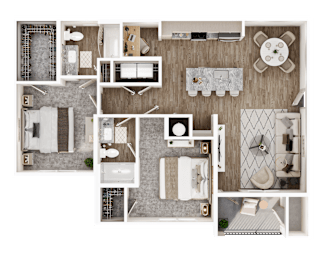 A top-down view of a house layout with a kitchen, living room, dining area, and bathroom.