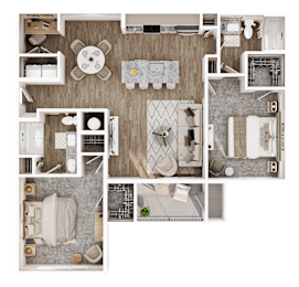 A top-down view of a house layout with a kitchen, living room, and bathroom.