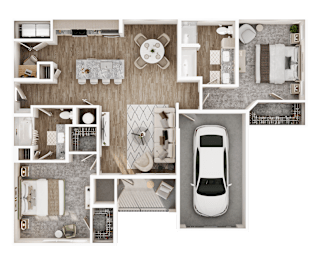 A top-down view of a house layout with a car parked outside.