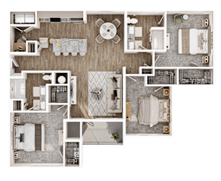 A detailed floor plan of a house with multiple rooms and furniture layouts.