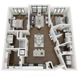 this is a 3d floor plan of a 550 square foot 1 bedroom apartment at the b