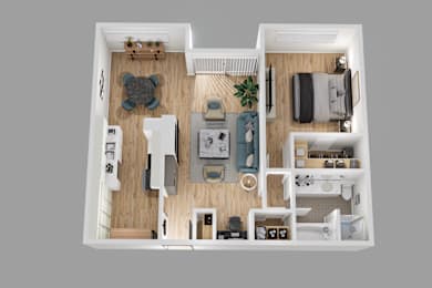 a 3d floor plan of a small apartment