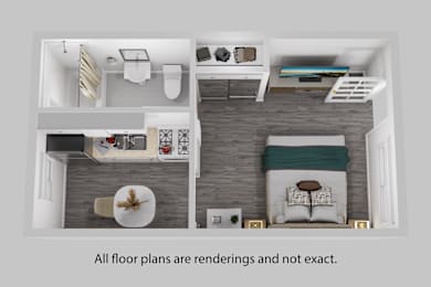 A rendering of a bedroom with a bed, dresser, and a chair.