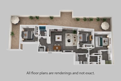 A 3D rendering of a house floor plan with a kitchen, living room, and bathrooms.