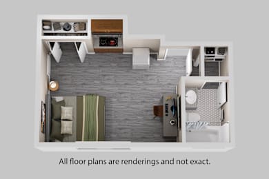 A top down view of a living room with a couch, coffee table, and kitchen area.