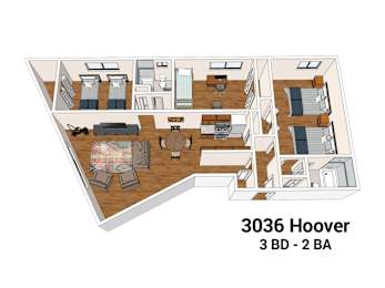 A 3D floor plan of a 3 bedroom, 2 bathroom apartment.