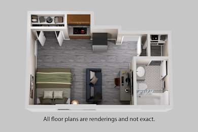 A rendering of a floor plan for a small apartment with a living room, kitchen, and two bedrooms.