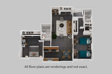 A 3D rendering of a floor plan for a house with a kitchen, living room, and bedrooms.
