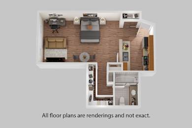 A 3D rendered image of a floor plan for a house.