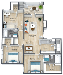A detailed 3D floor plan of a three-bedroom apartment.