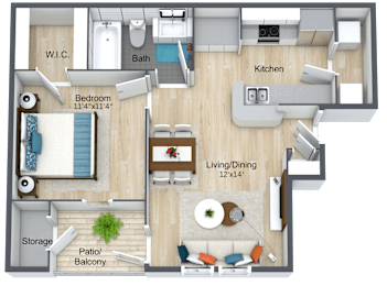 A floor plan of a small apartment with a living room, kitchen, bedroom, bathroom, and storage area.