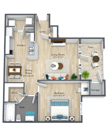 A 3D rendered image of a house layout with labeled rooms.