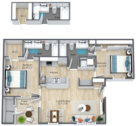 A floor plan of a two-bedroom apartment with a living room, kitchen, and bathrooms.