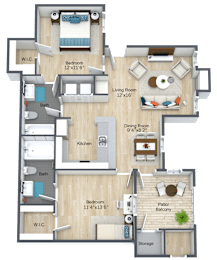 A floor plan of an apartment with a living room, dining room, kitchen, and multiple bathrooms.