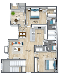 A floor plan of an apartment with a living room, dining room, kitchen, and multiple bedrooms.