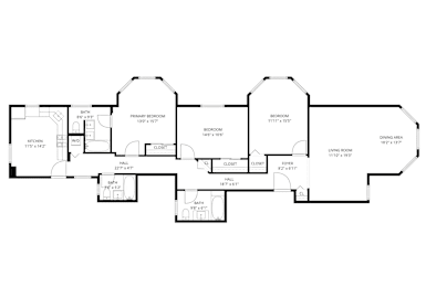 A floor plan of a house with a kitchen, living room, and two bathrooms.
