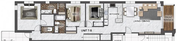 A floor plan of an apartment with three bedrooms and a kitchen.