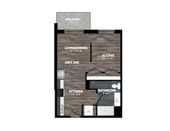 A diagram of a floor plan for a unit with a living room, kitchen, and bathroom.