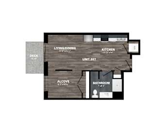 A floor plan of a unit with a living/dining area, kitchen, bathroom and alcove.