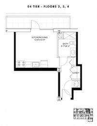 A black and white image of a floor plan for the kitchen, bathroom, and closet.