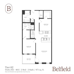 A black and white image of a floor plan for a 2 bedroom, 2 bath apartment.
