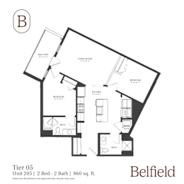 A black and white diagram of a house layout with a balcony, two bedrooms, a living room, a kitchen, a bathroom, and two baths.