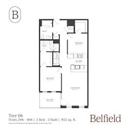 A floor plan of a 2 bedroom, 2 bath apartment in the Belfield building.