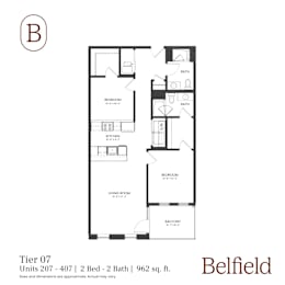 A black and white image of a floor plan for a 2 bedroom, 2 bathroom apartment.