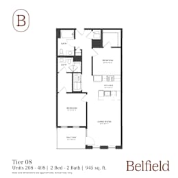 A floor plan for a property called Belfield shows a living room, two bedrooms, a kitchen, and two bathrooms.