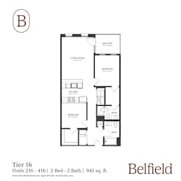 A black and white diagram of a floor plan for a 2 bedroom, 2 bathroom apartment.