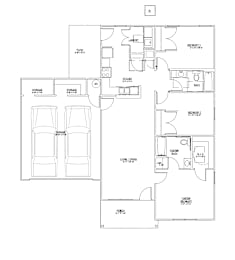 Floor Plan  A floor plan of a house with two garages and a master bedroom suite.