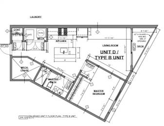 A floor plan of a two-bedroom apartment with a living room, kitchen, and bathroom.