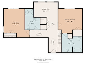 A floor plan of a house with a total area of 941 square feet.