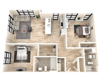 a 3d floor plan of a 3 bedroom apartment