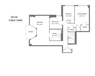 Floor Plan  A floor plan of a 3 bedroom, 1 bathroom apartment.