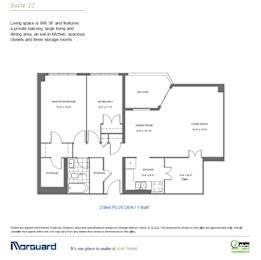 Floor Plan  A floor plan for Suite 12 at Norguard Condos showing a 2 bedroom den with a bath.