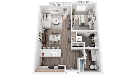 A floor plan of a small apartment with a kitchen, living room, and bathroom.