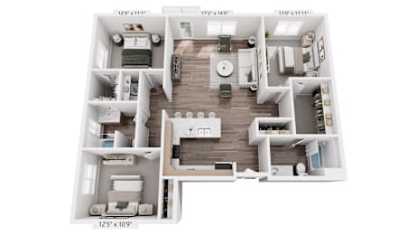 A detailed 3D floor plan of a small apartment layout.