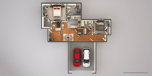 A floor plan of a house with a garage and a kitchen.