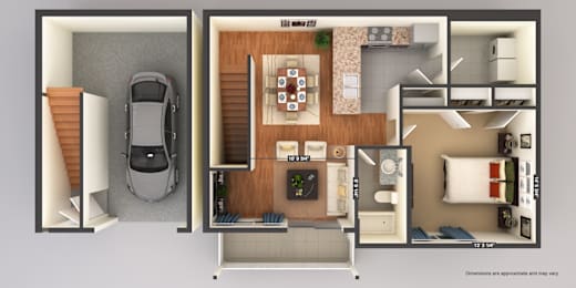 A 3D floor plan of a small apartment with a kitchen, living room, and bedroom.