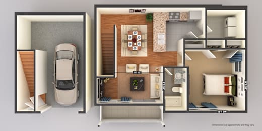 A 3D floor plan of a house with a car parked in the garage.