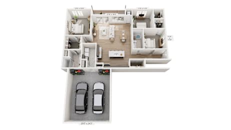A floor plan of an apartment with two bedrooms, two bathrooms, and a garage for two cars.