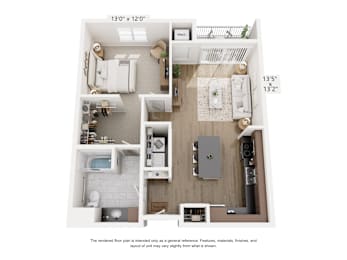 A floor plan of a small apartment with a kitchen, living room, and bathroom.