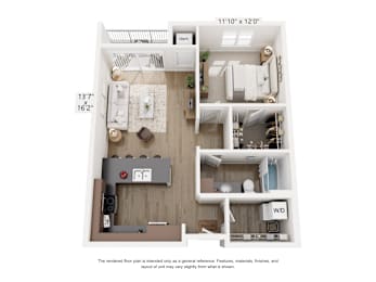A floor plan of a small apartment with a kitchen, living room, and bathroom.