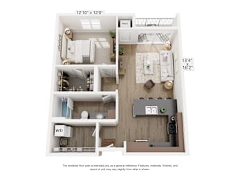 A floor plan of a small apartment with a kitchen, living room, and bathroom.