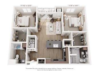 A floor plan of a two-bedroom apartment with a living room, kitchen, and bathrooms.